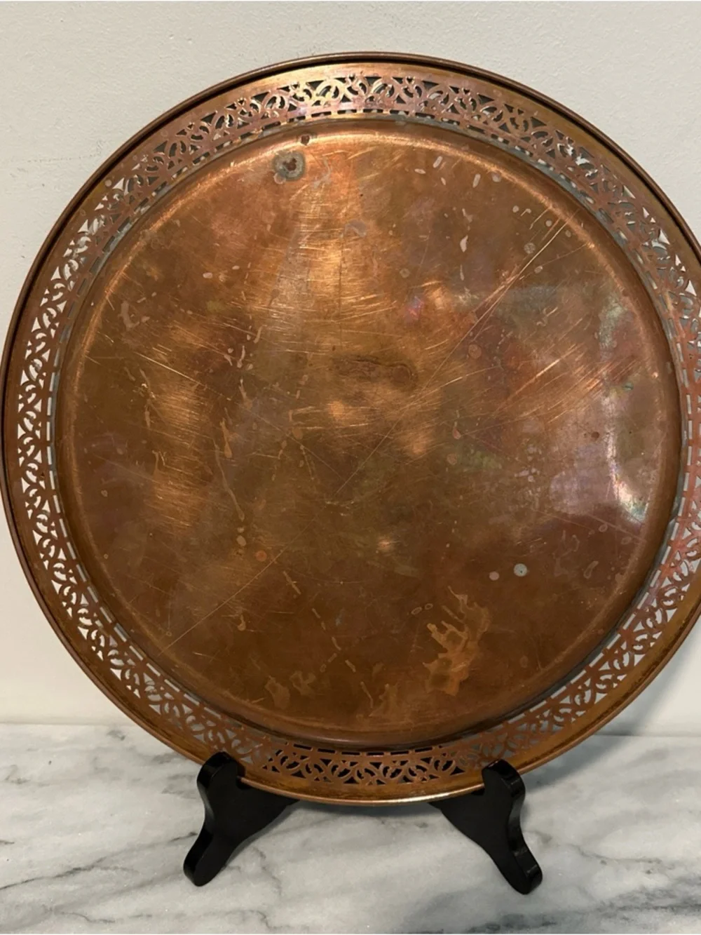 Vintage solid copper tray reticulated border 14”D